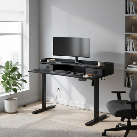 Kompaktowe Biurko Elektryczne z Szufladą i USB Spacetronik SPEF134BB z pamięcią czarne