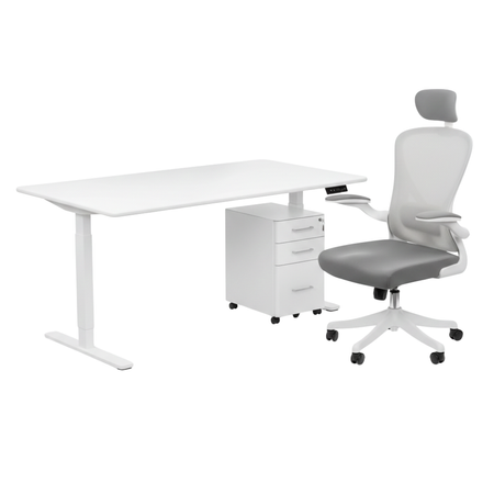 Zestaw do nowoczesnego biura: biurko elektryczne + fotel + szafka biały