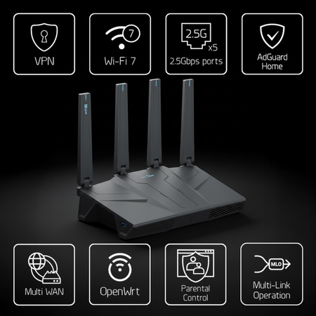 Router Wi-Fi 7 2.4/5 GHz VPN USB 3.0 GL.iNet Flint 3e