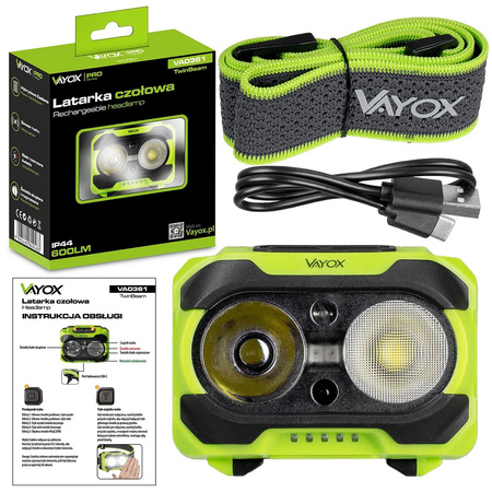 Latarka czołowa 600lm TwinBeam USB-C VAYOX VA0361