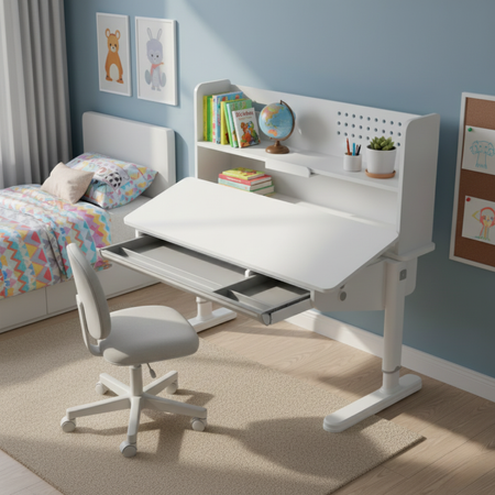 Biurko dziecięce regulowane SPEX111WW 120×65 cm – pochylany blat, półka i szuflada
