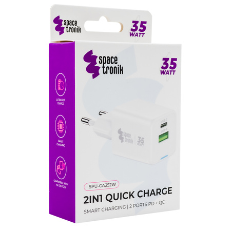 Ładowarka Spacetronik 2w1 35W USB-C USB PD Quick 3.6A Biała