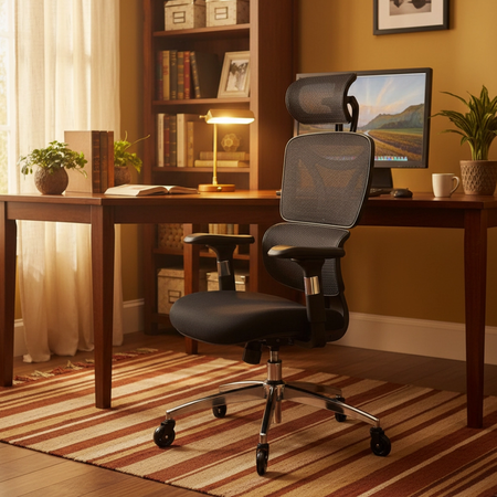 Zestaw do nowoczesnego biura: biurko elektryczne + fotel czarny