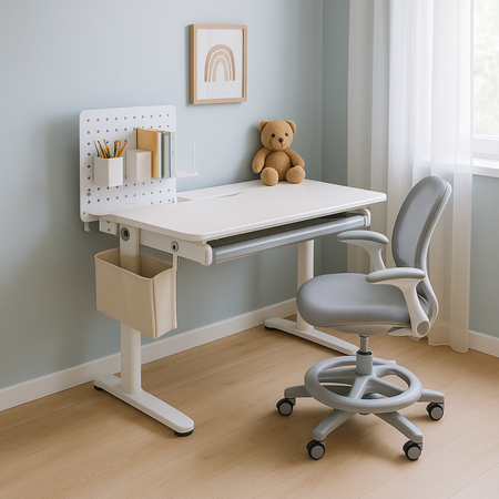 Zestaw Spacetronik: biurko regulowane 100×60 + krzesło dziecięce z podnóżkiem + nadstawka z pegboardem