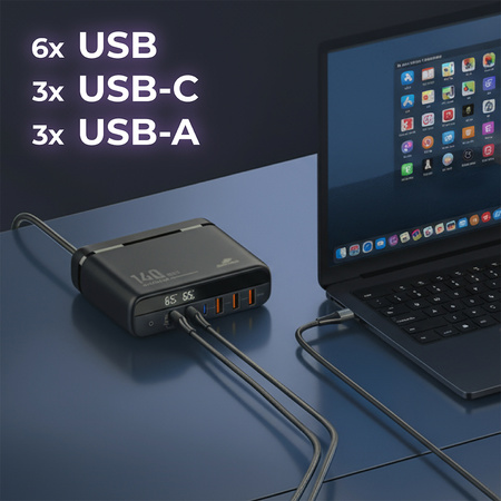 Nabíjacia stanica 140W GaN SR103 LED 6 USB PD+QC3.0