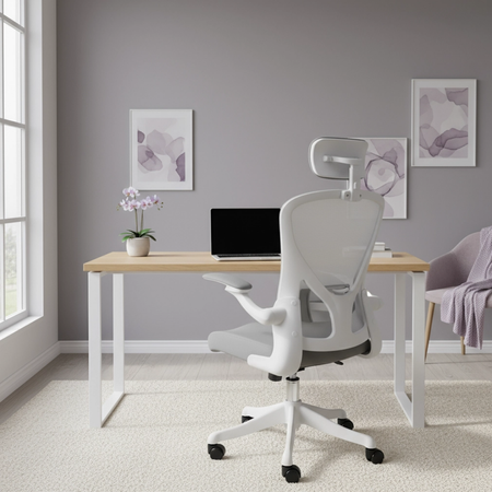 Zestaw do nowoczesnego biura: biurko elektryczne + fotel biały