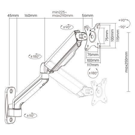 Wandmontierte, gefederte Monitorhalterung SPA-WG111