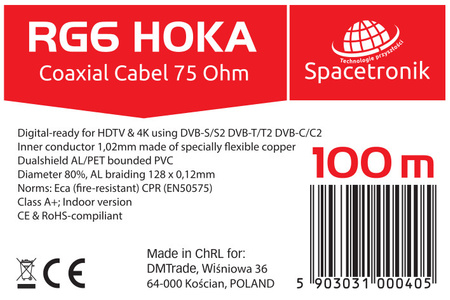 RG6 Spacetronik HOKA 102 CU Dualshield kábel 100m
