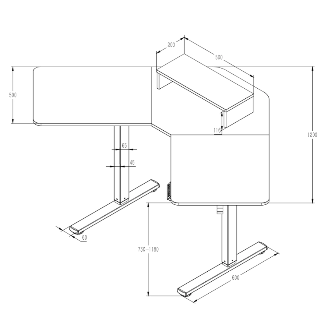 rysunek techniczny biurka narożnego regulowanego SPEL112BB