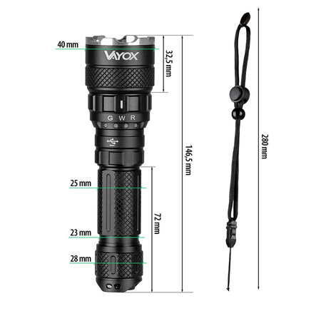 Latarka taktyczna 3-kolor 15W 1500lm VAYOX VA0099