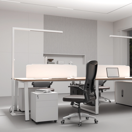 Zestaw ergonomiczny biurko Moris SPE O112WW fotel MENNKAR lampa D22 Pro