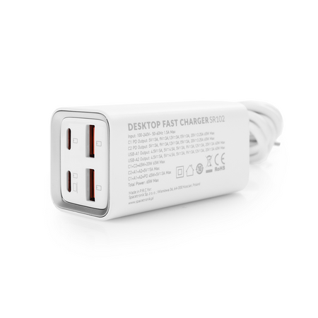 Charger SR102 65W, 2x PD4+ USB-C, 2x QC3.0 USB-A