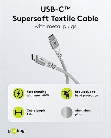 Kábel USB-C 2.0 Goobay SuperSoft TEXTIL biely 05m