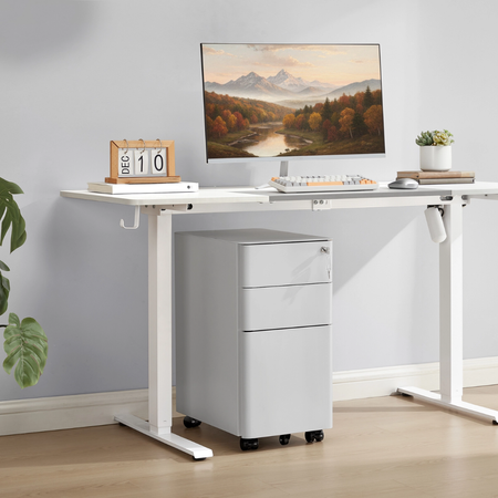 Zestaw do nowoczesnego biura: biurko elektryczne + fotel + szafka szary