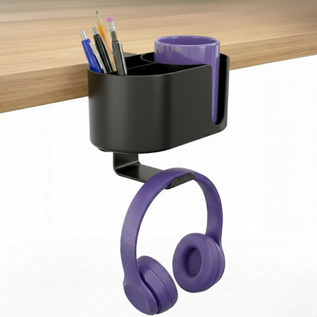 Boczny organizer do biurka na zacisk z uchwytem na kubek czarny