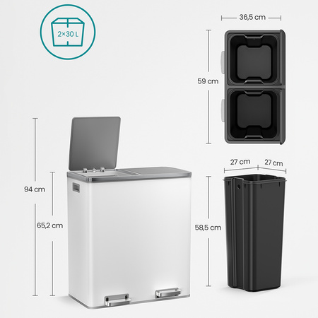Kosz na śmieci metalowy podwójna komora biały