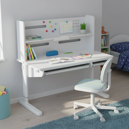 Biurko dziecięce regulowane SPEX111WW 120×65 cm pochylany blat półka szuflada
