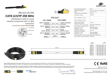 RJ45 CAT 6 U/UTP AWG24 PE CU Fluke PoE kábel 40m