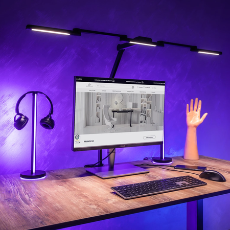 Zestaw ergonomiczny biurko Moris SPEO121 120x60 krzeslo Spiro lampa Glow D2