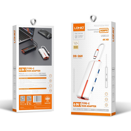 Adaptér HUB 6v1 USB-C NA USB 3.0 HDMI PD RJ45 Bílý