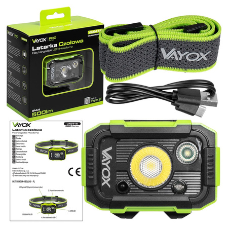 Latarka czołowa 500lm VAYOX VA0415 Dual-Hammer LED