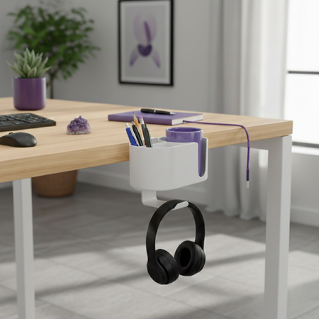 Boczny organizer do biurka na zacisk z uchwytem na kubek biały