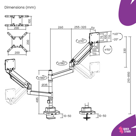 Uchwyt na dwa monitory Spacetronik SPAH222