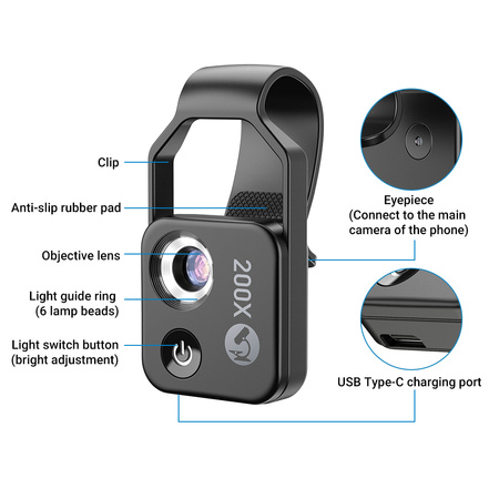 Digital microscope lens for phone 200x LED
