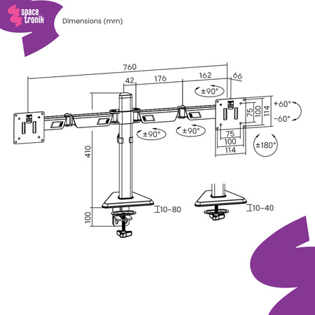 Ametystowy uchwyt dwa monitory Spacetronik SPAA120