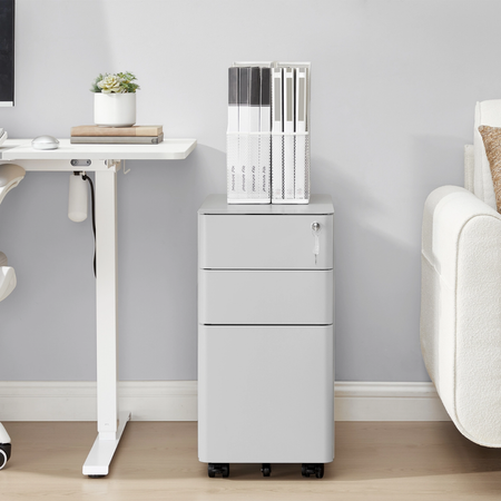 Zestaw do nowoczesnego biura: biurko elektryczne + fotel + szafka szary