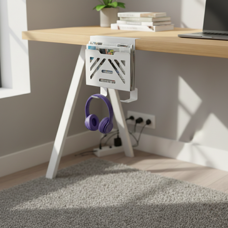 Boczny organizer do biurka na zacisk 25×25×9 cm z haczykami biały