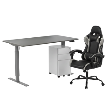 Zestaw do nowoczesnego biura: biurko elektryczne + fotel + szafka szary