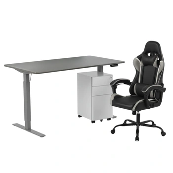 Zestaw do nowoczesnego biura: biurko elektryczne + fotel + szafka szary