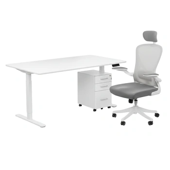 Zestaw do nowoczesnego biura: biurko elektryczne + fotel + szafka biały
